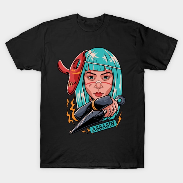 Assassin Ninja Girl Kunoichi with Tengu Mask T-Shirt by Genbu